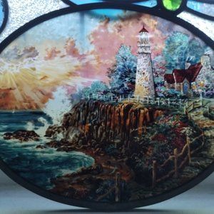 Beautiful Stain Artwork On Glass With Lighthouse & Water Setting